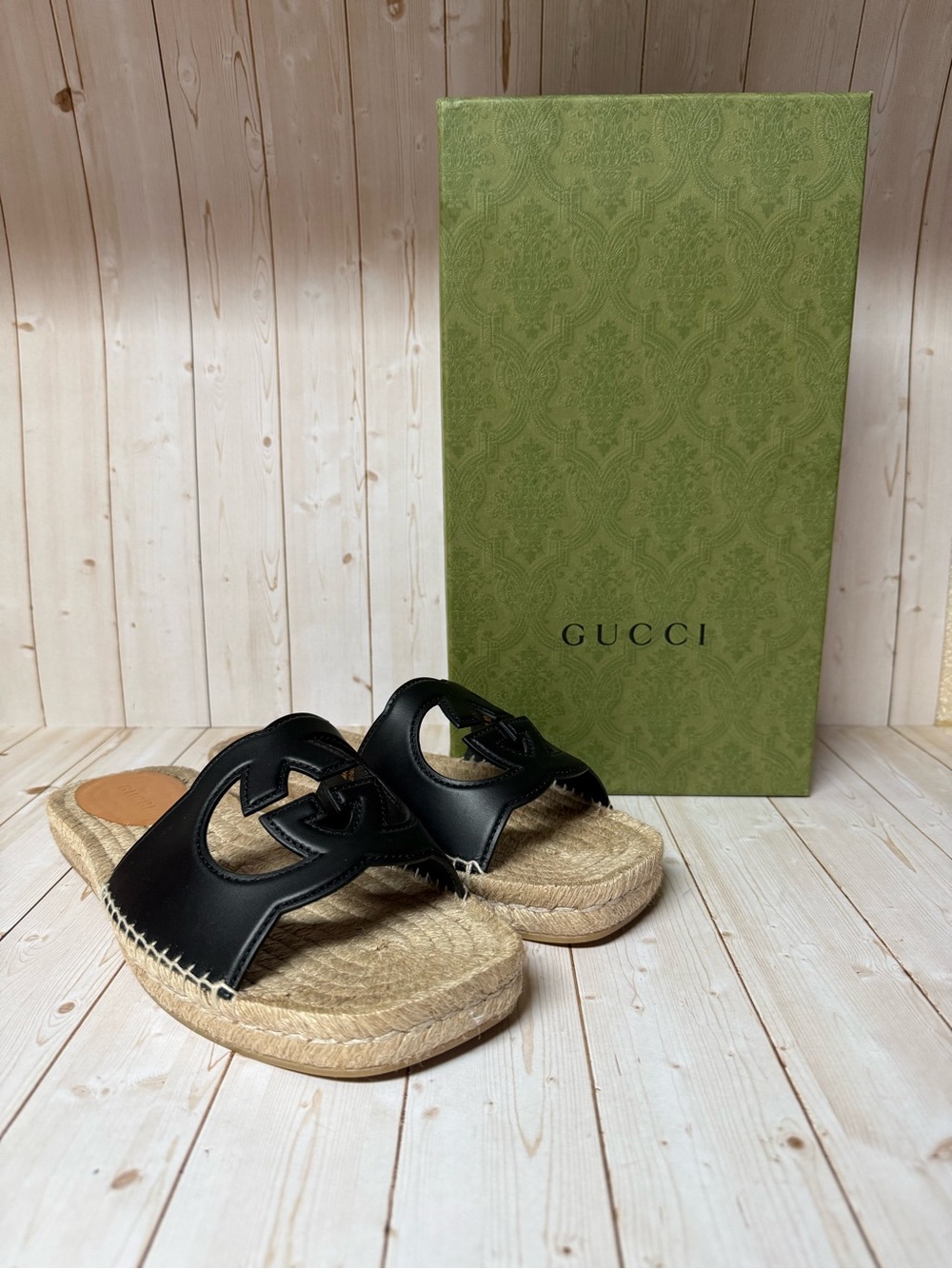 Gucci Cosmos Softy Interlocking G Espadrille Slide Sandals Sz 10G / 10.5US